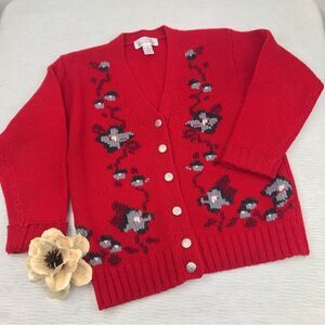 Jones New York 100% Wool Vintage Inspired Red Floral Front Cardigan